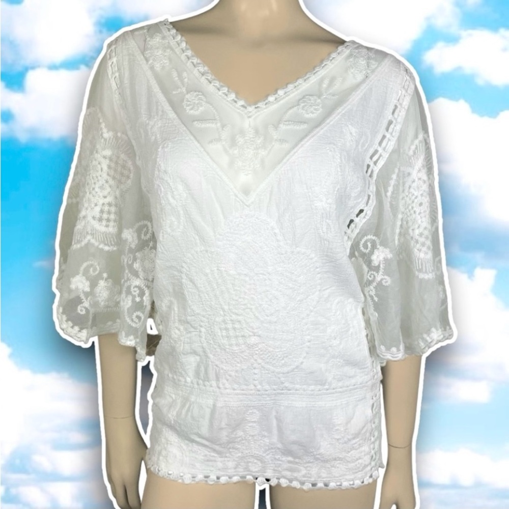 ANTHRO SAPPHIRE Semi-Sheer Embroidered Lace Boho Top Cottagecore Coquette Hippie - Picture 4 of 15